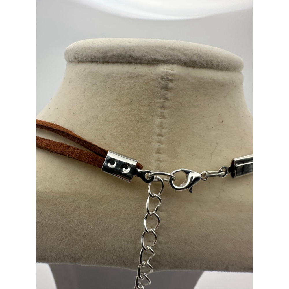 Oval Thousand Layer Garden Quartz Pendant Necklace on Brown Faux Suede - Picture 7 of 10